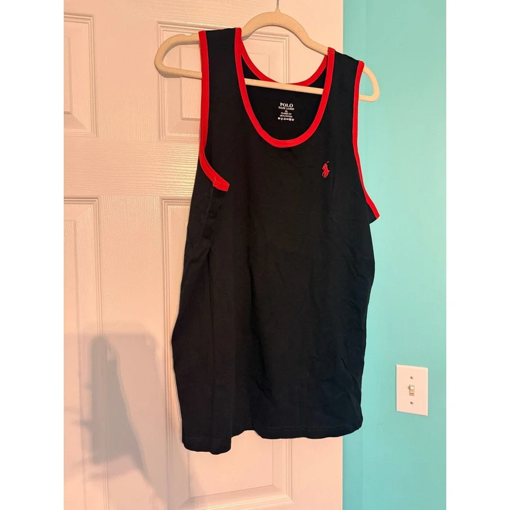 Polo Ralph Lauren Mens XL Classic Fit Cotton Tank Top Navy Blue Red Ringer Pony